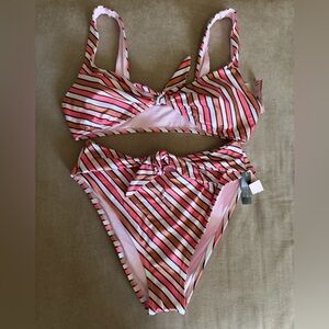 Victorias secret wireless bikini swimsuit stripe large gold copper trim NWT